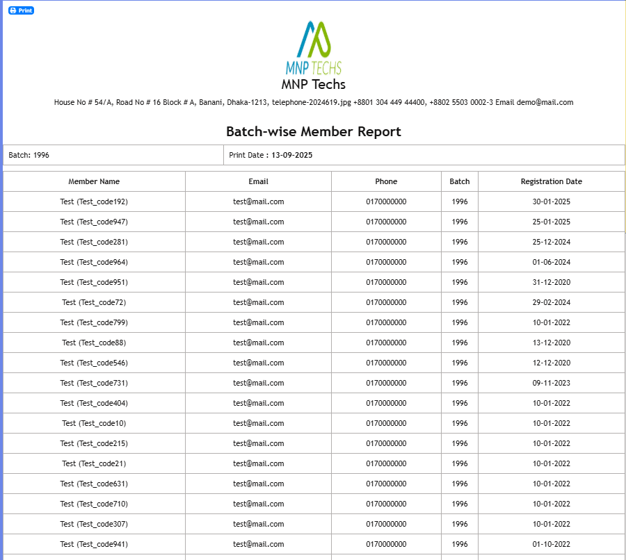 Batch Wise Membership Report - Club Membership Management Software - MNP Techs
